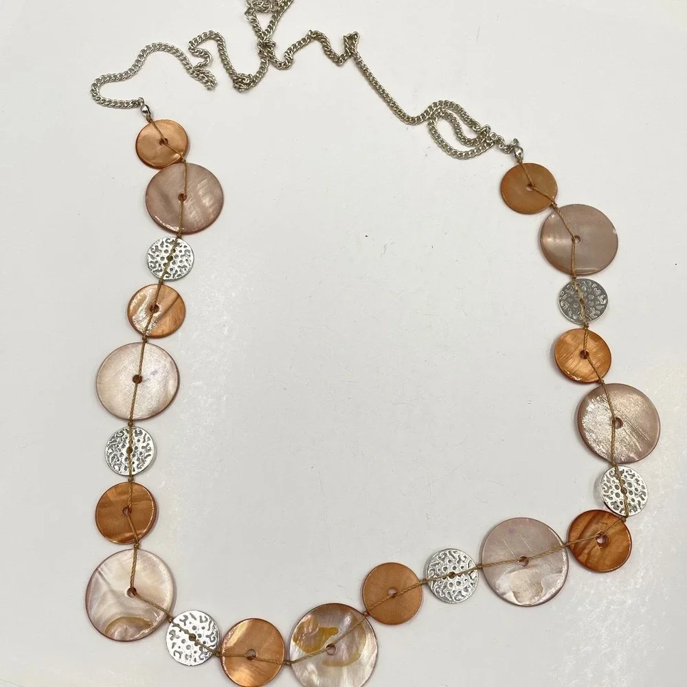 Vintage Boho Mother of Pearl Shell Statement Necklace Silver Tone Filigree Links